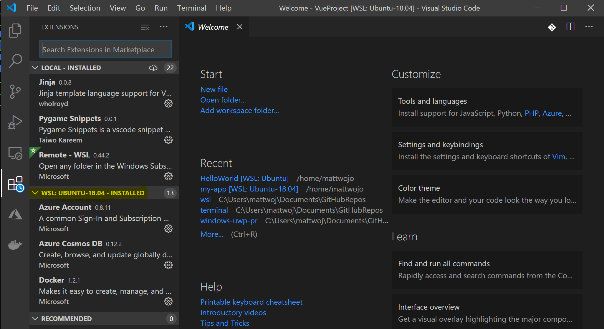 顯示了 WSL 擴展的 VS Code
